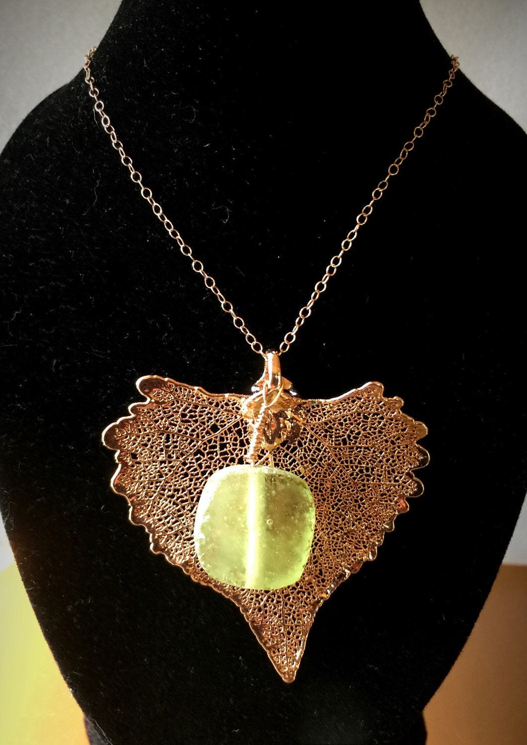 Rare Ancient Roman Glass and Rose Gold Dipped Cottonwood Leaf Necklace