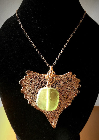 Rare Ancient Roman Glass and Rose Gold Dipped Cottonwood Leaf Necklace