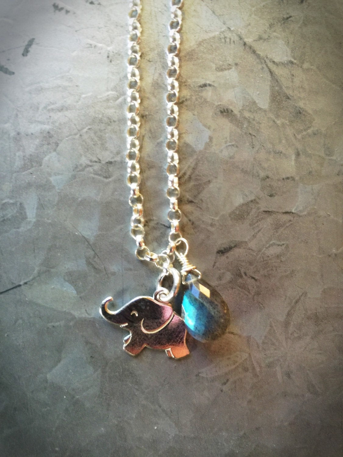 Adorable Sterling Silver Elephant and Blue/Green Fire Labradorite Bracelet