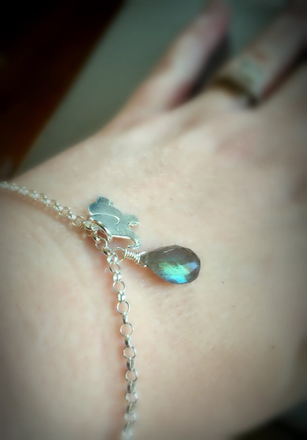 Adorable Sterling Silver Elephant and Blue/Green Fire Labradorite Bracelet
