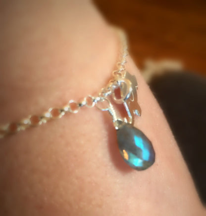 Adorable Sterling Silver Elephant and Blue/Green Fire Labradorite Bracelet