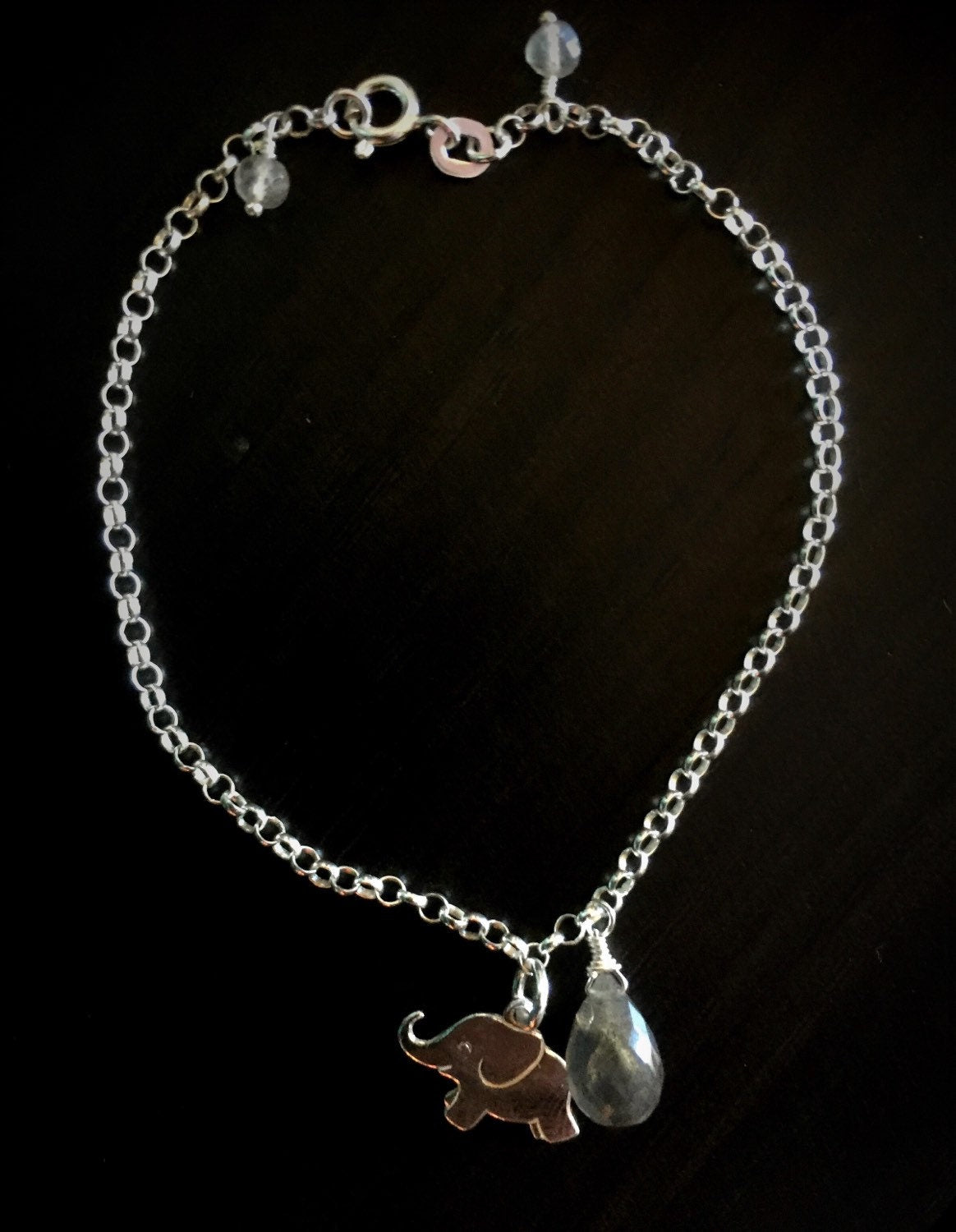 Adorable Sterling Silver Elephant and Blue/Green Fire Labradorite Bracelet