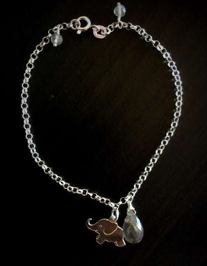 Adorable Sterling Silver Elephant and Blue/Green Fire Labradorite Bracelet