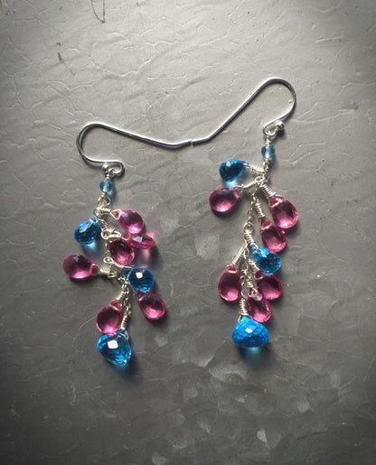 Bright Swiss Blue Topaz and Hot Pink Topaz Silver Dangle Earrings