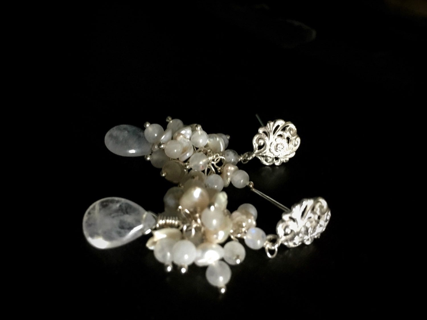 Rainbow Moonstone and Cream Keshi Pearl Silver Earrings