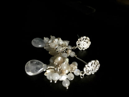 Rainbow Moonstone and Cream Keshi Pearl Silver Earrings