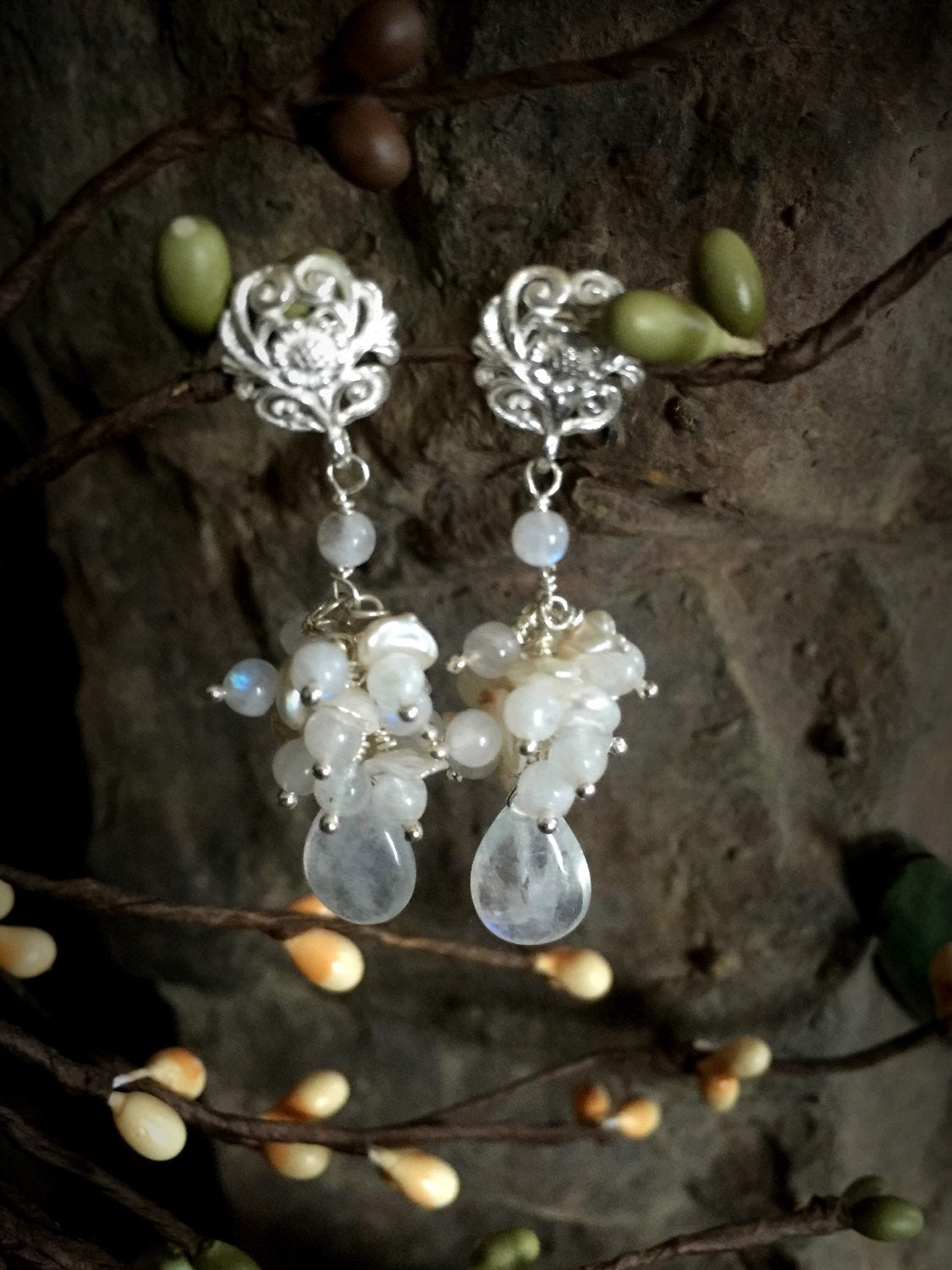 Rainbow Moonstone and Cream Keshi Pearl Silver Earrings