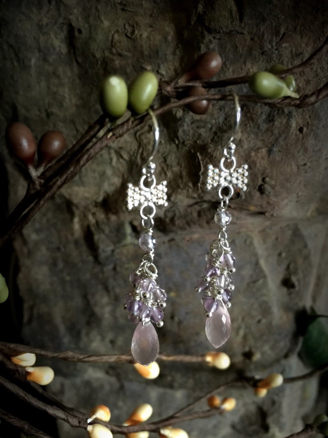 Rose Quartz and Purple Amethyst Silver Bow Earrings