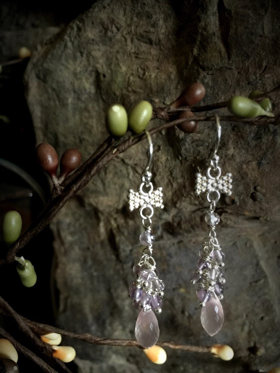 Rose Quartz and Purple Amethyst Silver Bow Earrings