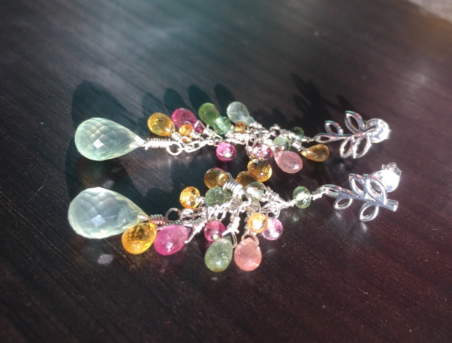 Sunny Tourmaline, Prehnite, and Yellow Sapphire Drop Earrings