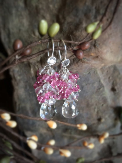 White Topaz and Hot Pink Topaz Silver Cluster Earrings