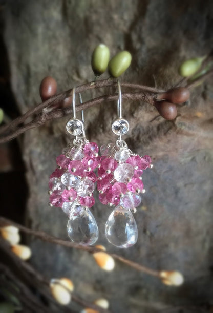 White Topaz and Hot Pink Topaz Silver Cluster Earrings
