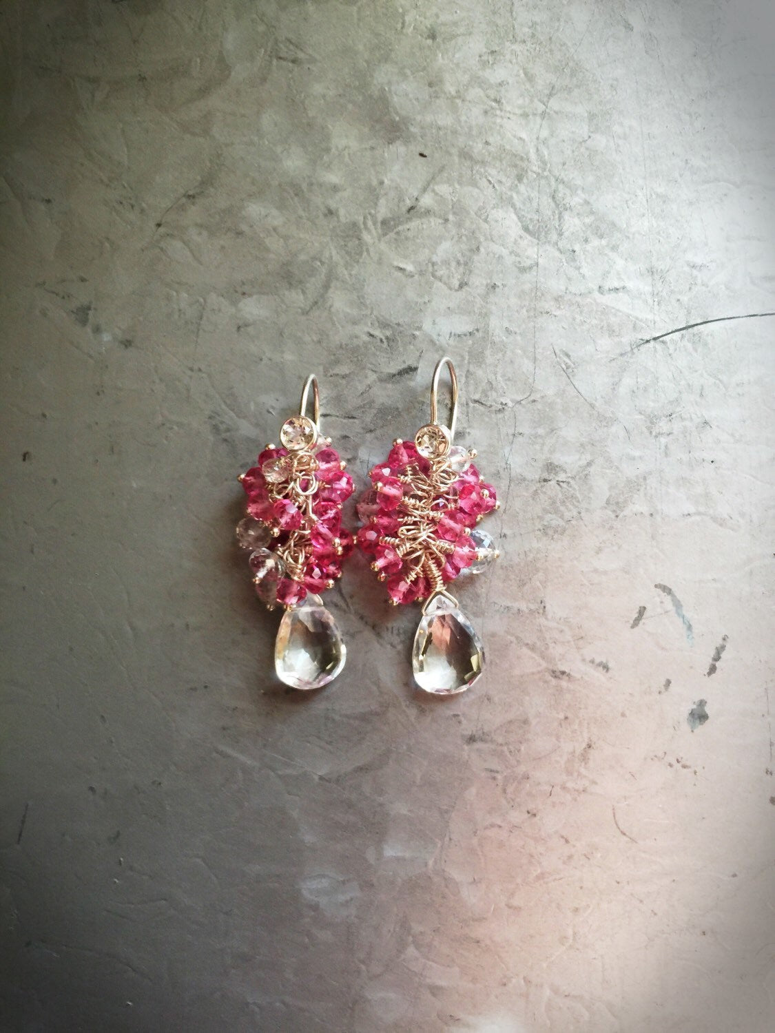 White Topaz and Hot Pink Topaz Silver Cluster Earrings