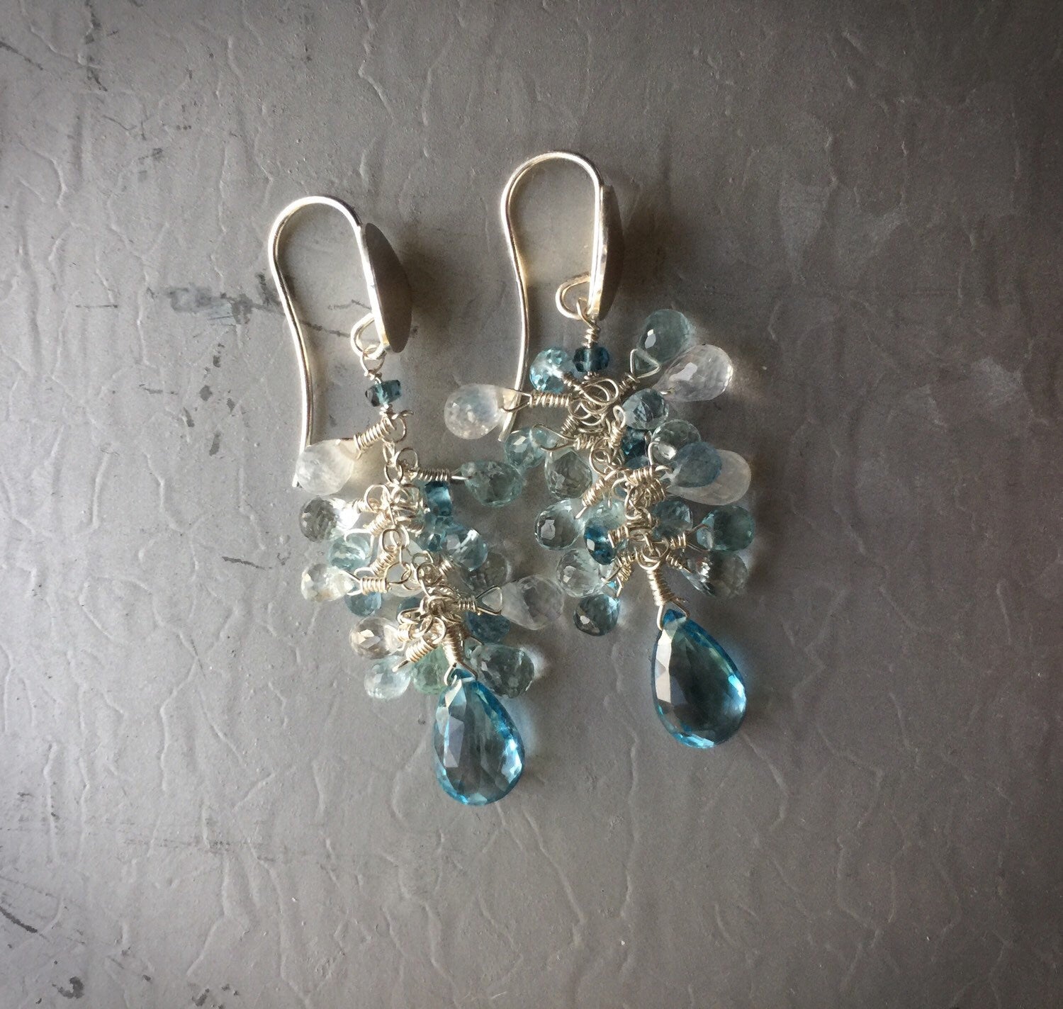 Beautiful London Blue Topaz, Aquamarine, and Moonstone Cluster Earrings