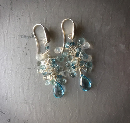 Beautiful London Blue Topaz, Aquamarine, and Moonstone Cluster Earrings
