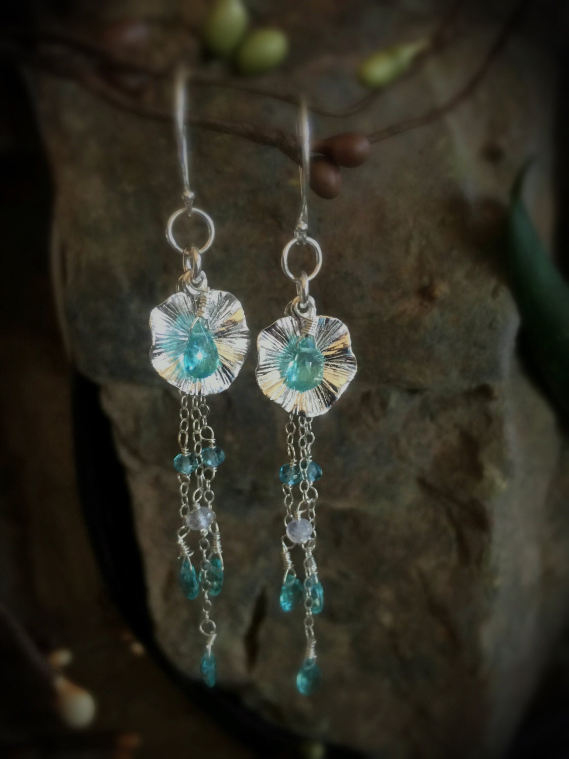 Sea Green Apatite and Rainbow Moonstone Sterling Silver Lily Pad Earrings