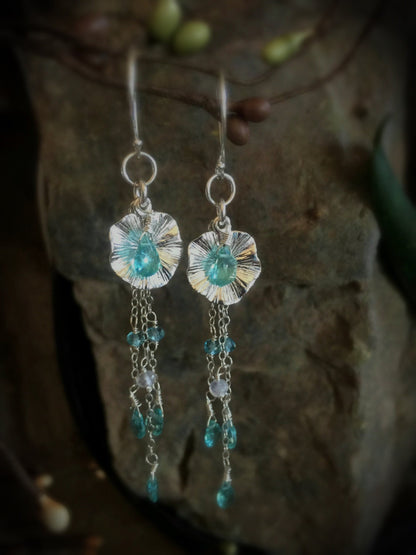 Sea Green Apatite and Rainbow Moonstone Sterling Silver Lily Pad Earrings