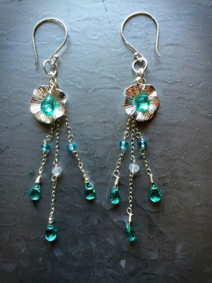 Sea Green Apatite and Rainbow Moonstone Sterling Silver Lily Pad Earrings