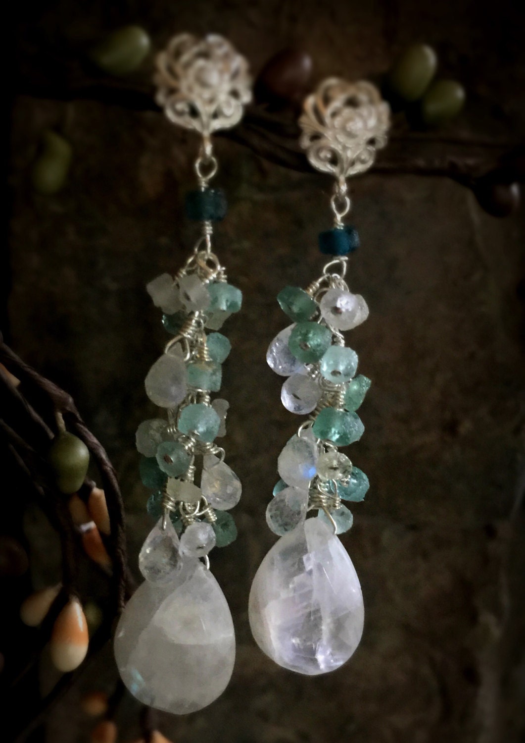 Ancient Roman Glass and Rainbow Moonstone Earrings