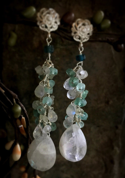 Ancient Roman Glass and Rainbow Moonstone Earrings