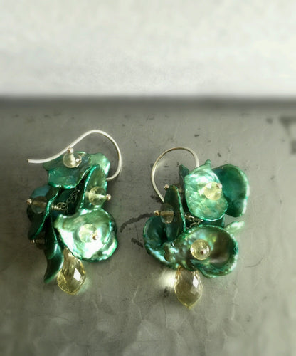 Green Keshi Pearl and Yellow Scapolite Earrings