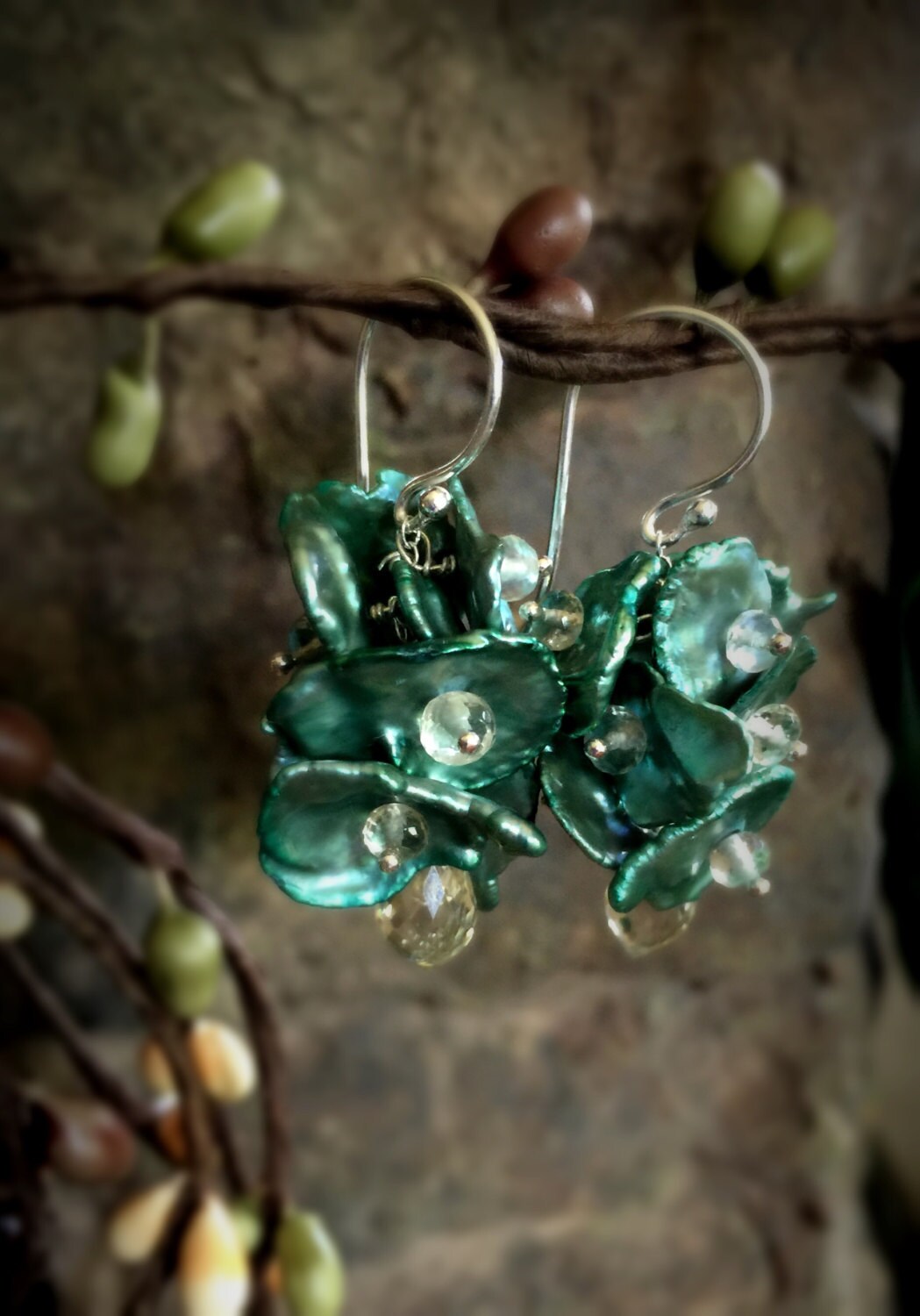 Green Keshi Pearl and Yellow Scapolite Earrings