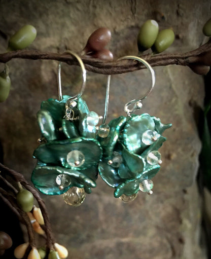 Green Keshi Pearl and Yellow Scapolite Earrings