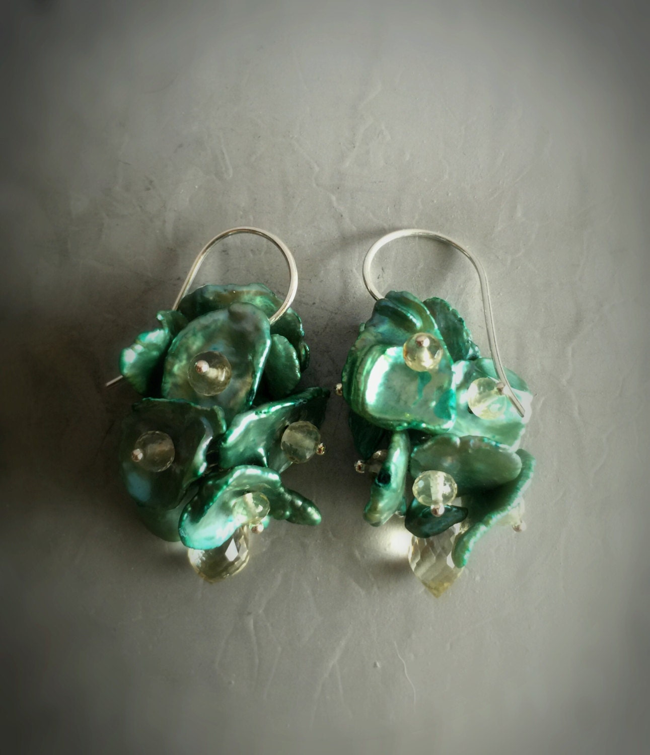 Green Keshi Pearl and Yellow Scapolite Earrings