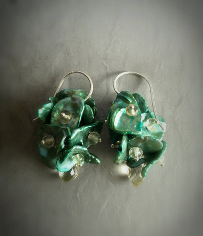Green Keshi Pearl and Yellow Scapolite Earrings