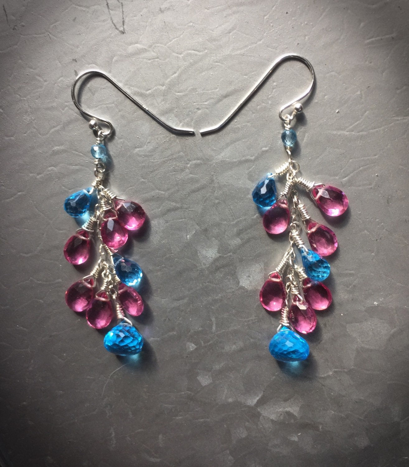 Bright Swiss Blue Topaz and Hot Pink Topaz Silver Dangle Earrings