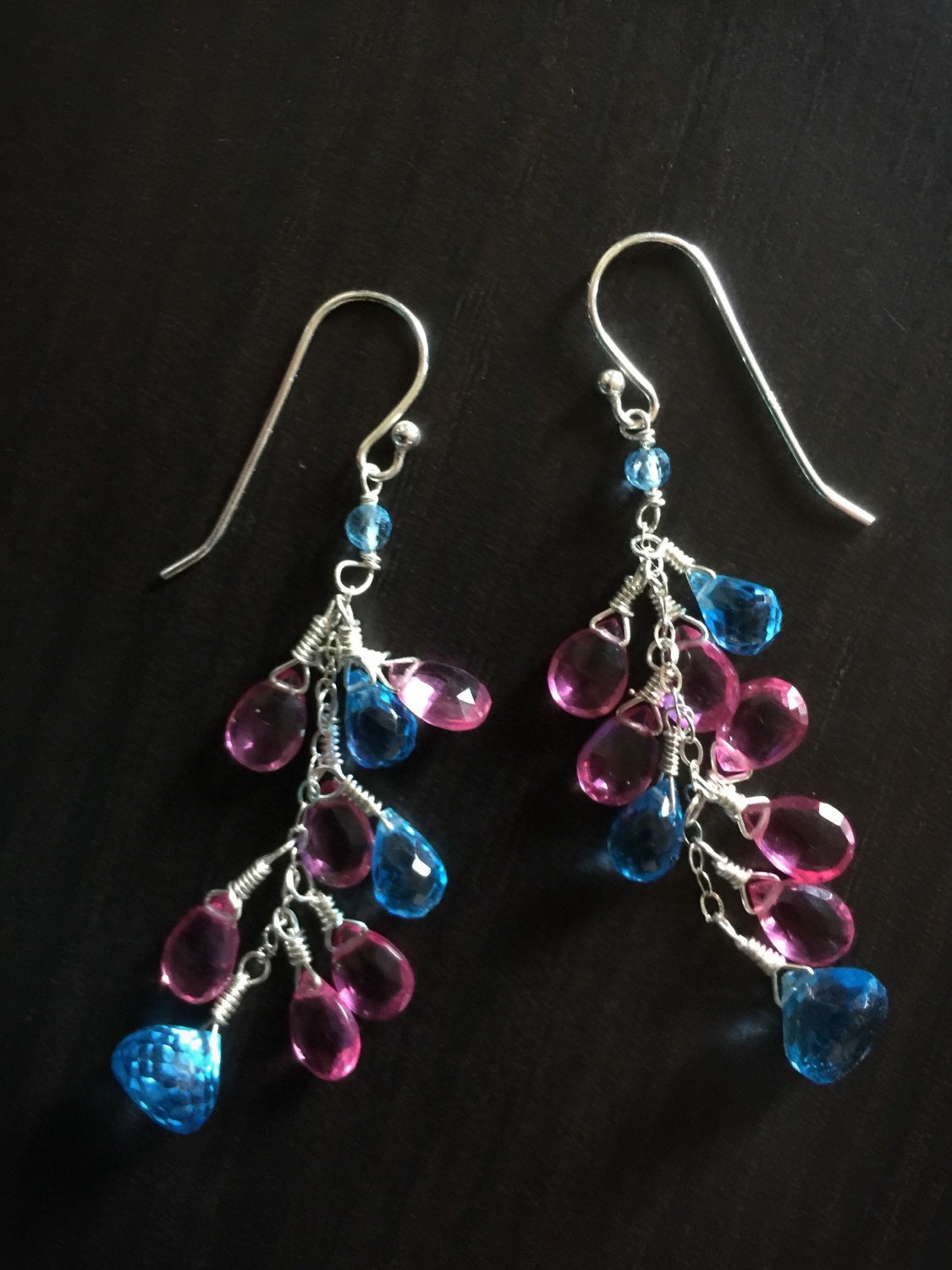 Bright Swiss Blue Topaz and Hot Pink Topaz Silver Dangle Earrings