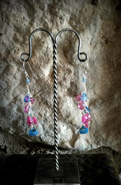 Bright Swiss Blue Topaz and Hot Pink Topaz Silver Dangle Earrings