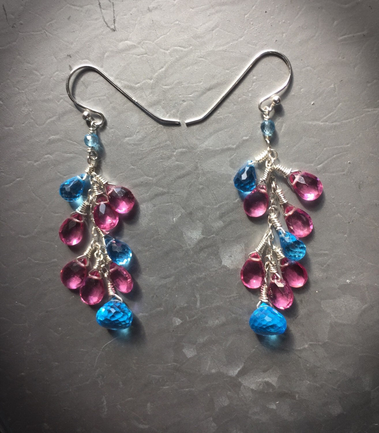 Bright Swiss Blue Topaz and Hot Pink Topaz Silver Dangle Earrings