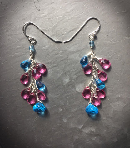 Bright Swiss Blue Topaz and Hot Pink Topaz Silver Dangle Earrings